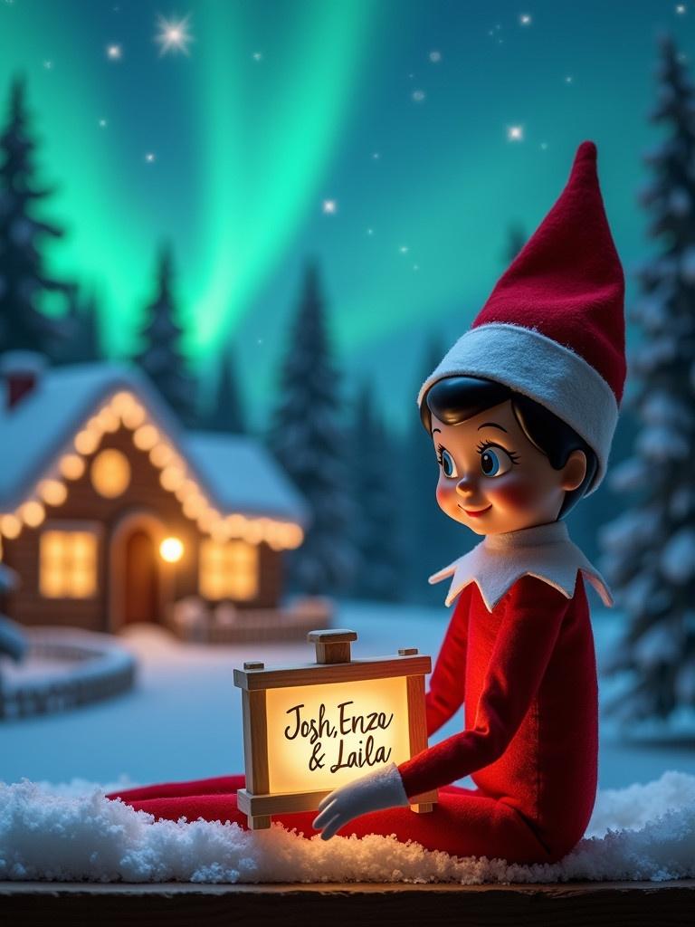 An elf holds a glowing sign in a snowy landscape. Northern lights illuminate the scene. A cozy house is visible nearby. Snow covers the ground. The sign shows names Josh, Enzo, Laila. The elf represents Christmas magic.