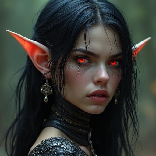 A mystical elven character with crimson eyes. She has pointed ears and dark hair. Defined angular features and an angry expression with tears and a biting lip. Intricate earrings adorn her ears.
