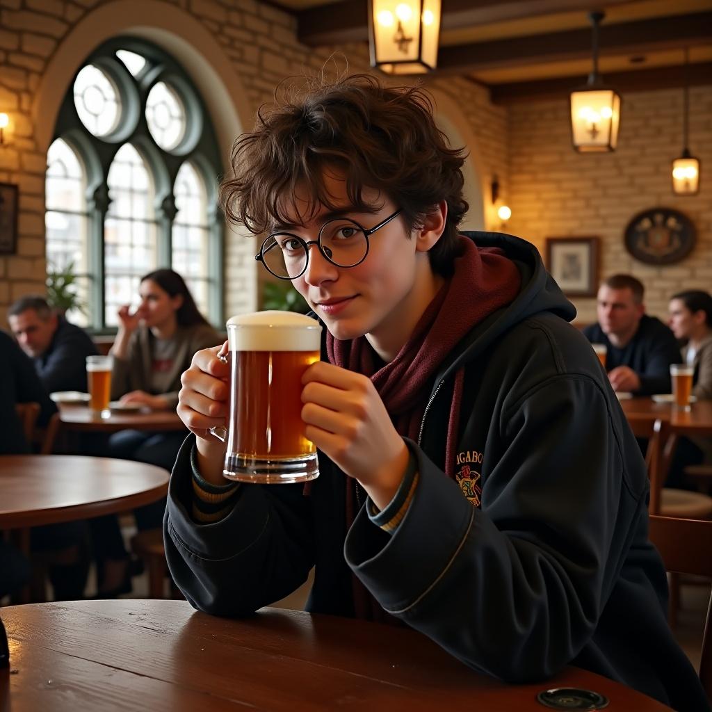 A person sits at a wooden table in a cozy pub setting, holding a glass of butterbeer. The background features stone walls and an archway with windows. The atmosphere is warm and inviting, with wooden chairs and soft lighting from hanging lamps.