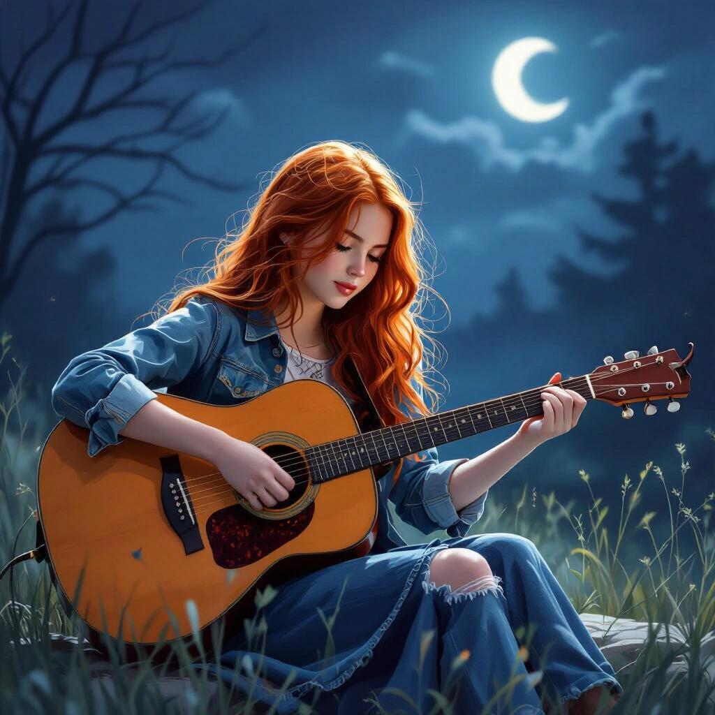 Red-haired girl plays guitar in a dark night scene with the moonlight