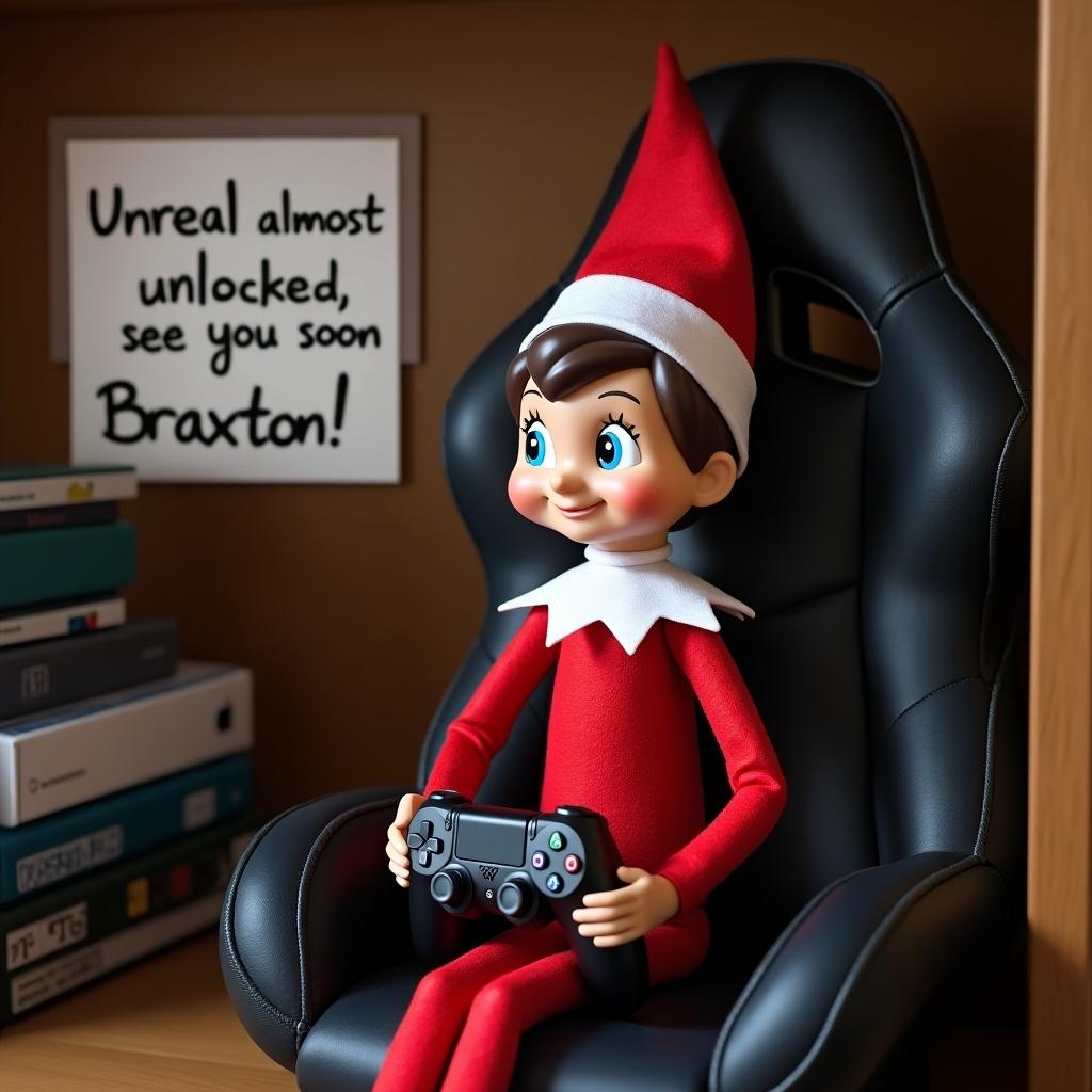 A brown-eyed elf sits in a gaming chair while holding a PlayStation controller. A sign in the background reads 'Unreal almost unlocked, see you soon Braxton!'