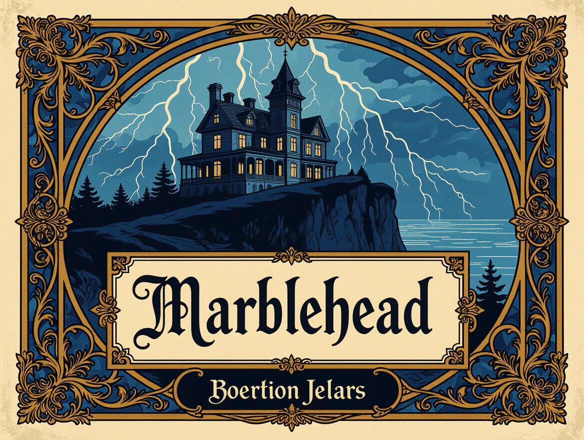Ornate Art Nouveau style game box art with the title Marblehead. Features a striking Victorian mansion with turrets on a cliff. Dark blue and gold color scheme creates an ominous tone. Lightning illuminates the scene.
