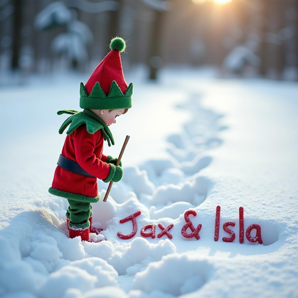 Santa's elf writes Jax & Isla in the snow. Elf wears red and green outfit with pom-pom hat. Elf uses a stick to write names in snow. Glistening snow in winter light. Footprints visible in background.