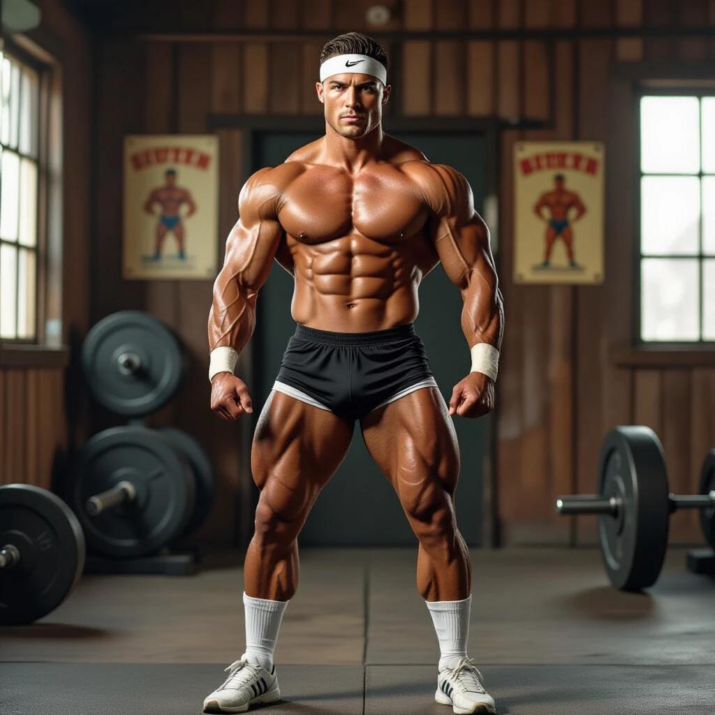 An old school bodybuilder posing in a vintage gym. Extremely muscular and shredded physique. Wearing classic gym clothes from the 80s including short shorts and tank top. Golden hour lighting adds a warm atmosphere. The gym features old dumbbells and motivational posters.