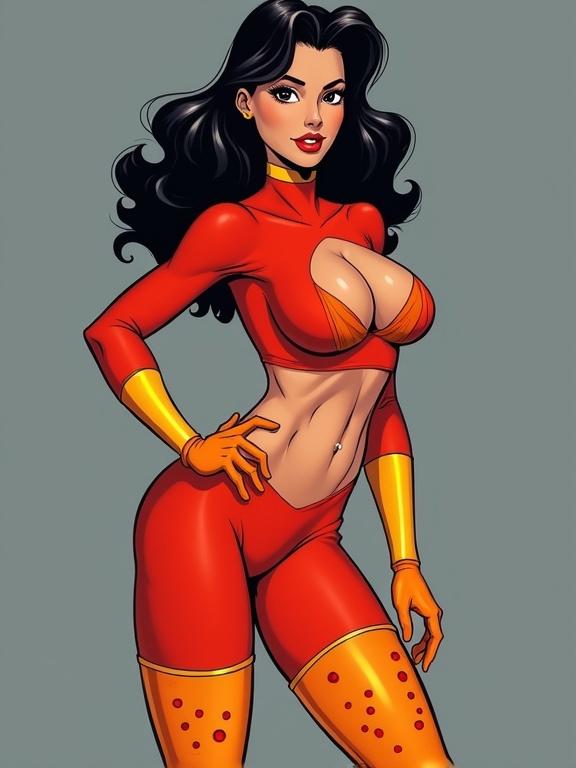 Female cartoon character stands confidently. She has dark wavy hair and light skin. She is in a red crotchless latex suit with orange boots and yellow bands. Her body type is athletic with cheetah-like spots on her arms. The background is muted gray. Lighting is even with bright colors in the costume and accessories.