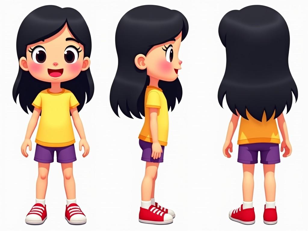 The image shows a cheerful animated character designed in a cute style. She's a young girl with shoulder-length black hair, wearing a yellow t-shirt and purple shorts. Her shoes are red sneakers, adding a playful touch. The character is depicted from three angles: front, side, and back, which highlights her design features. The overall color palette is vibrant and youthful, making it appealing to children. This design could be used for various children's media, such as books, games, or animations.