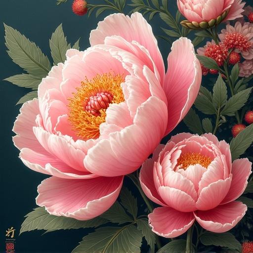 Beautifully illustrated peonies in the Chinese style
