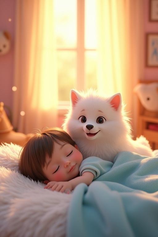 3D animated ultra-HD 4K cinematic scene in a cozy bedroom at dusk with soft golden sunlight. Small child sleeping peacefully on fluffy white bed with pastel blue blankets. Fluffy white dog sitting beside bed, gazing at child. Room filled with vibrant soft colors. Dust motes floating in the air. Wooden rocking horse and scattered toys in the background. Bright natural lighting creating a serene atmosphere.