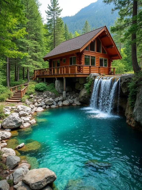 A luxury log cabin located in a forest. Infinity pool flowing into a natural waterfall. Surrounded by green trees and clear turquoise water. A peaceful escape in nature.