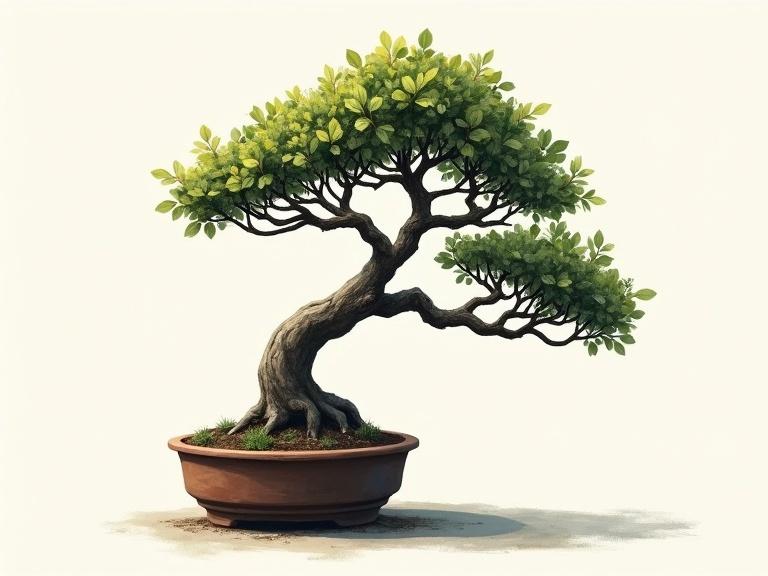 Super realistic painting of a bonsai tree with high contrast. Tree has sparse leaves and a simple background. Trunk is gnarled and wonky. Simple clay pot holds the tree.
