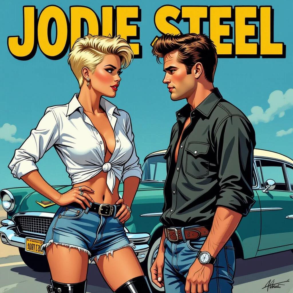 A comic-strip style illustration features a confident young woman standing face-to-face with a male figure. She wears a knotted white shirt with rolled sleeves and distressed denim shorts. The woman has a punk-styled crew cut, with one side shaved. A vintage car is in the background, emphasizing a retro theme.