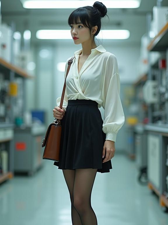 A mid-20s East Asian cyborg female spy dress in a pearl-white V-neck wrap-around chiffon blouse and a black knee-length skirt. Legs clad in sheer black pantyhose and black closed-toe low-block-heels with ankle-strap. Black hair is neatly bunned. She stands in a bright mechanical lab with a brown satchel slung over her shoulder. Inside her torso, an intricate mechanical structure is visible through an X-ray snippet.