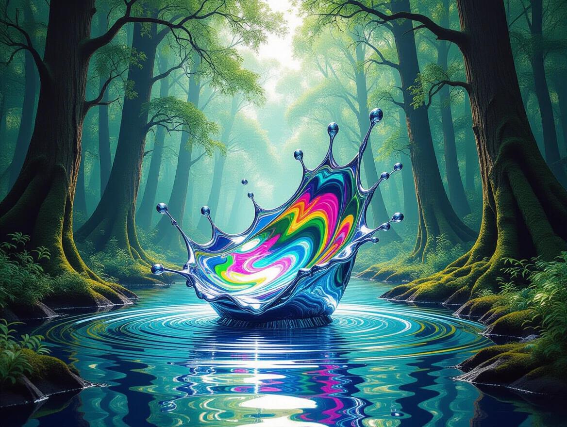 A sculpture-like oil painting featuring a vibrant splash of liquid chrome in mid-air. The scene is set in an elven forest filled with luminous greenery. Colors shift and shine in a holographic display. The artwork portrays extreme impasto texture and is a striking visual piece.