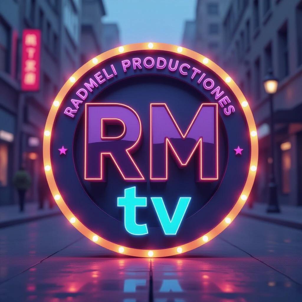 Epic circular logo design for Radmeli Producciones. Urban cinematic aesthetic with tech elements. Central bold 3D letters RM in bright purple with illuminated edges. Blue electric 3D tv text at lower right of RM. Surrounding text Radmeli Producciones in vibrant orange 4D typography forming an arc. Dark tech urban background with subtle buildings or metallic texture. Glowing floating particles for a mystical effect. Cinematic side illumination with soft reflections and dramatic shadows.