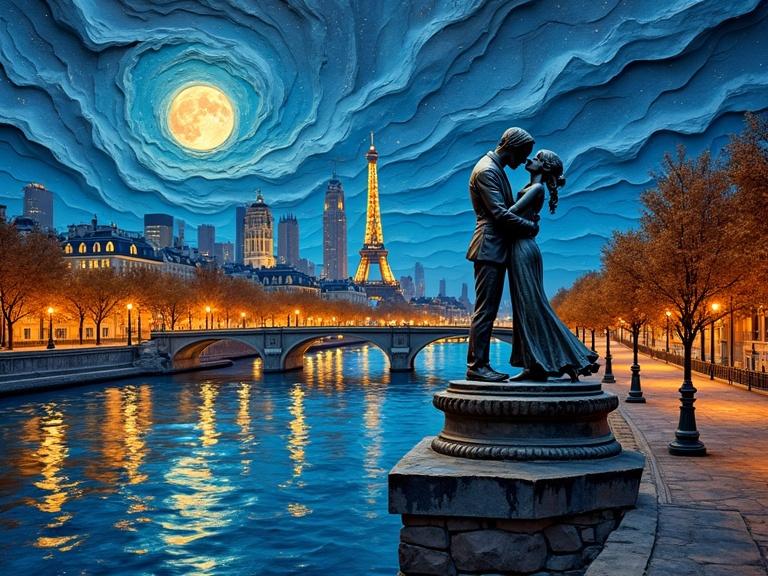 A vibrant papercraft panorama of the Paris skyline at night. Statue of a couple kissing in the foreground. Eiffel Tower and Notre Dame visible in the background. Illuminated cityscape with reflections on the river. Night sky inspired by Van Gogh with a full moon. Textured layers of paint create an impasto effect with metallic colors.