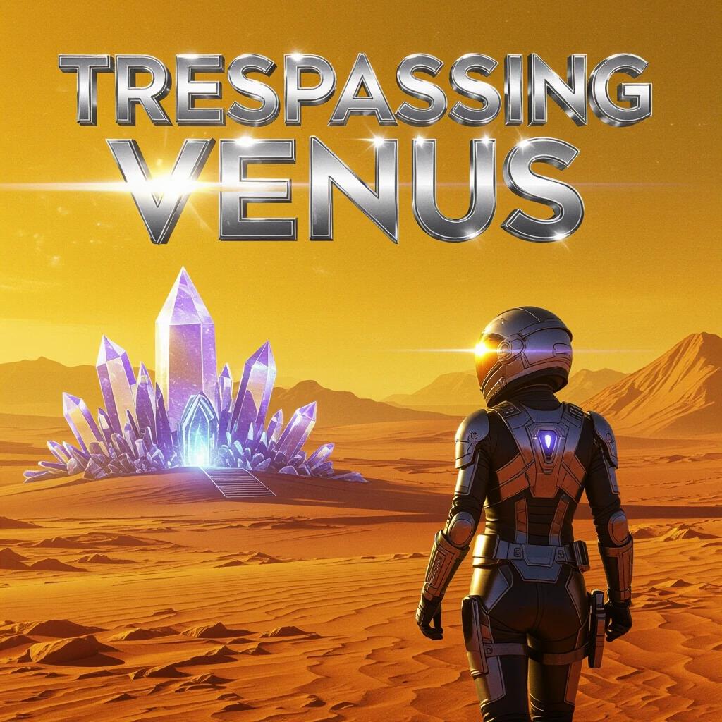 Movie poster for TRESPASSING VENUS with glossy retro-futurist chrome title. Charlize Theron in futuristic armor walks towards a glowing crystal temple on a red desert of Venus. Bright yellow atmosphere showcases a mix of purple lighting effects.