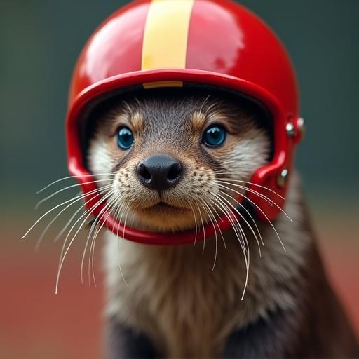 A hyperrealistic otter with chocolate-brown fur wears a red football helmet. The helmet has a golden stripe and red faceguard. The otter has vivid blue eyes. The fur is depicted with sharp details. The otter appears playful and ready to engage in baseball.