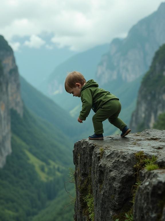 A baby in a green outfit climbs down a rocky cliff. Misty mountains and deep forested valleys surround the scene. High detail with surreal and hyper-realistic elements. The atmosphere feels serene yet dangerous, contrasting innocence and nature's grandeur.