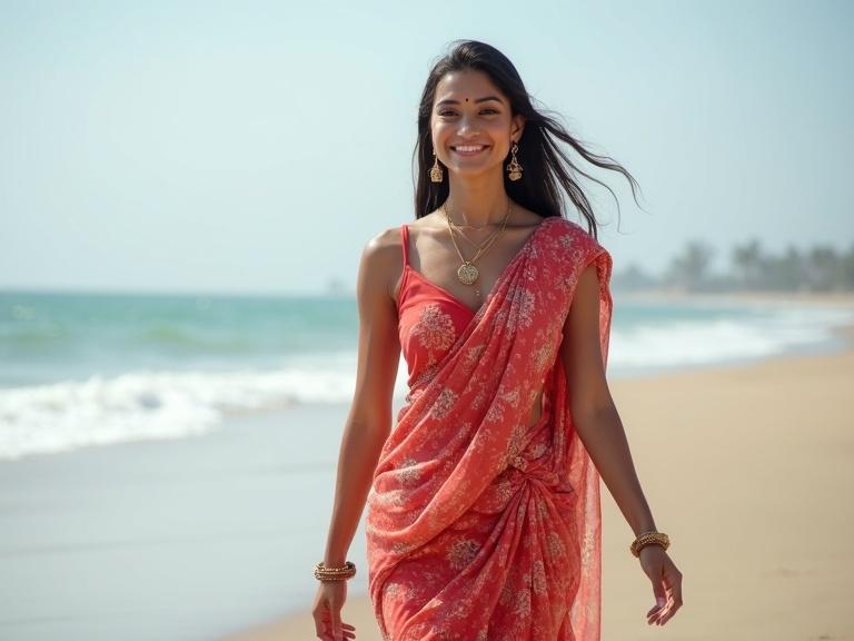 Indian woman age 25 wearing half saree walking on beach smiling.