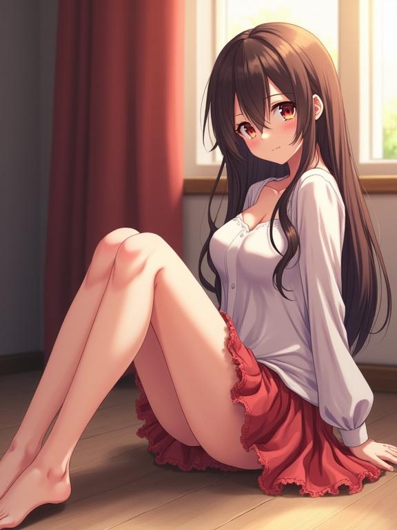 Anime character sitting on the floor with long hair. She wears a white blouse and a red skirt. The background shows a room with a window and soft lighting.