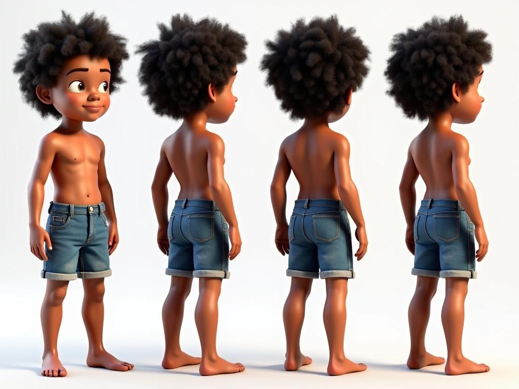 This image showcases a turnaround view of a Polynesian boy character with big curly hair. He stands confidently, with bare feet and is dressed in denim shorts. The model is a 3D representation rendered in Octane, showcasing a highly detailed look suitable for a video game. The view includes the front, back, left, and right sides of the character. The details are intricate, emphasizing the character's unique features and clothing.