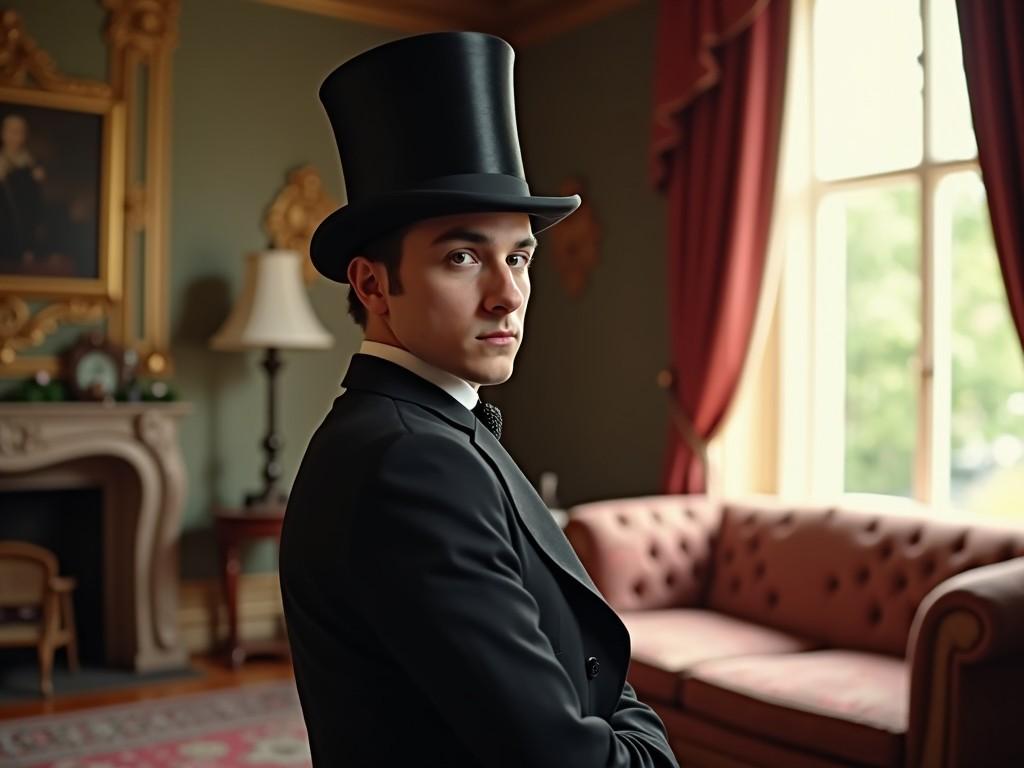 A man in a Victorian-era setting, wearing formal attire and a top hat, standing in an elegantly furnished room with a sofa and window.