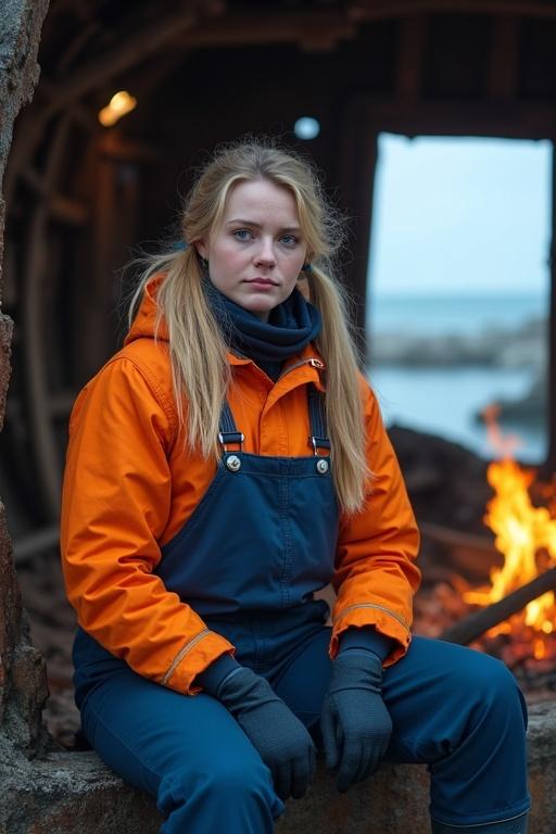 Exterior view of a wrecked fishing boat on an arctic island. A 20-year-old woman with blonde hair in pigtails sits by a campfire in the ship's hull. She wears an orange raincoat and navy blue fisherman's dungarees.
