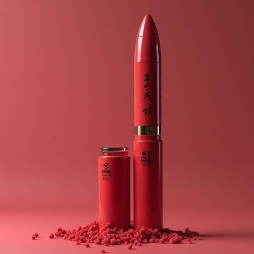 Red missile-shaped lipstick with a small heart logo on the tip. Pose mimics a launch gesture. Minimalist pastel platform resembles a launch pad with countdown panels in the background. Reflection in teeth shows sparkly pattern saying Juche Beauty.