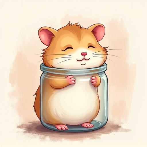 A minimalistic cartoon hamster looks sleepy inside a mason jar. The hamster is styled with perfect paws. Background features paint splatters with muted pastel colors. Lines are minimal and impressionistic.