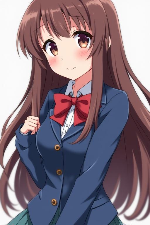 Sassy teenage anime girl with long brown hair. Wearing blue school uniform with a bow. She is smiling and posing confidently.