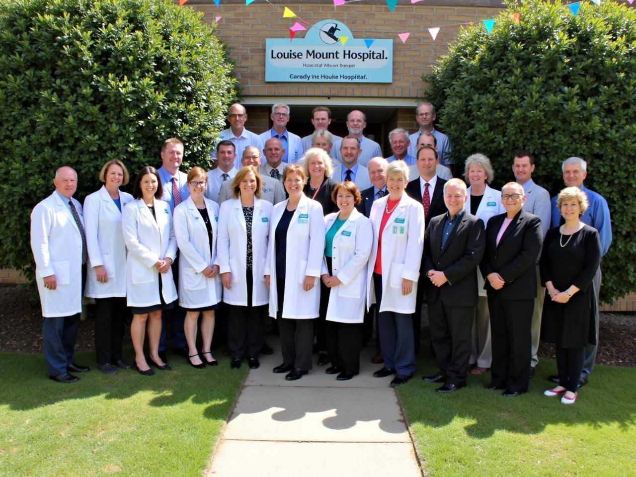 The image shows a group of people gathered outside Louise Mount Hospital. There are several individuals in white coats, likely medical professionals, standing in the foreground. Behind them, a larger group of people is posing, dressed in dark clothing. The setting appears to be a sunny day with greenery around. Colorful decorations can be seen in the background, possibly for an event or occasion. The sign of the hospital is prominently displayed in the background, indicating the location.
