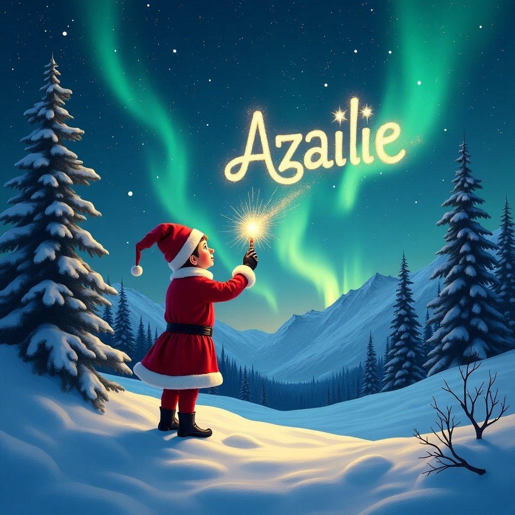 A traditional red elf in snowy mountains at the North Pole. The elf writes with a magic wand, illuminating the name 'Azailie' in the sky. Stars twinkle with vibrant northern lights. The landscape features deep snow and tall pine trees. Captures a magical holiday scene.