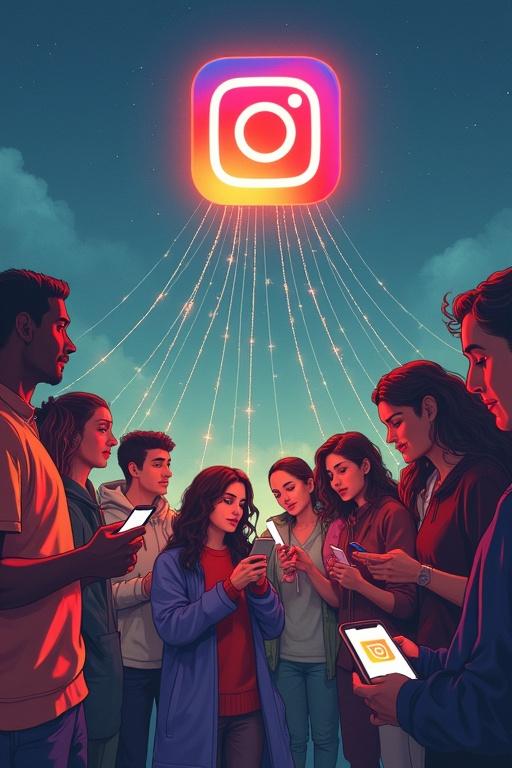 Cover featuring diverse people engaging with phones. Lines connecting them to a glowing Instagram icon. Illustrative style.