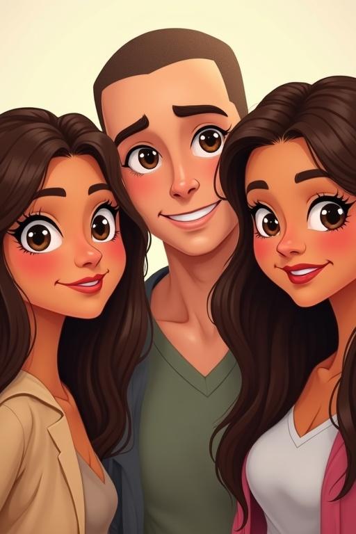 Realistic cartoon image focuses on two sisters with long brown hair and brown eyes smiling. In the center is a shaved man with a charming smile. The sisters are named May and Lou, and the man is named Lucio.