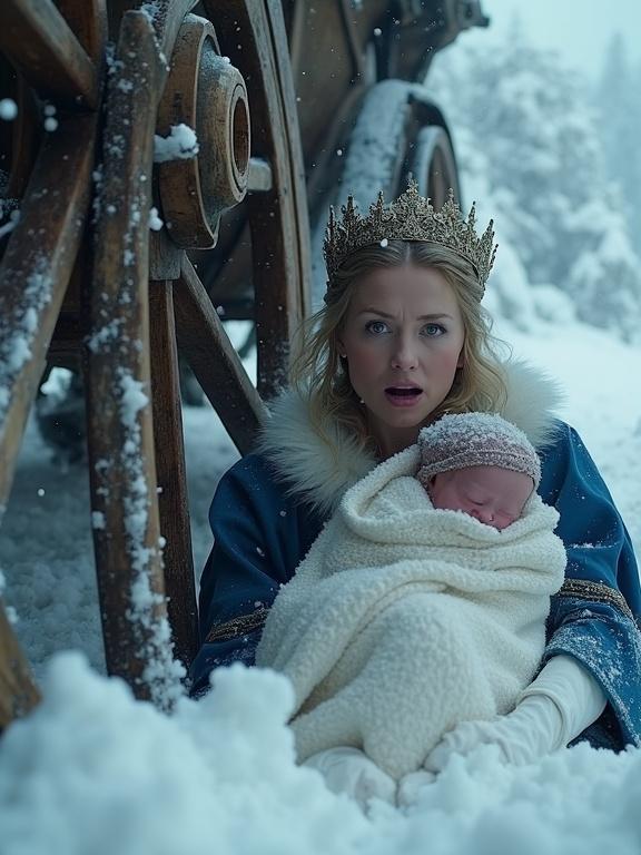 Close-up of a medieval queen with crown and blue gown. She gasps in terror, wide-eyed. Swaddled baby slips from her grasp. Snowflakes in her hair. Snowy environment.