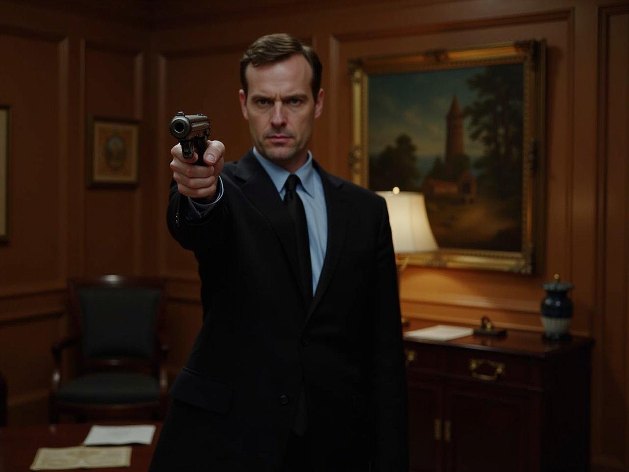 A man is in a well-furnished room, dressed in a black suit and tie. He is aiming a handgun directly at the viewer with a serious expression. The room has a vintage feel, featuring wooden paneling and warm lighting from a table lamp. There is a painting on the wall behind him, and a table in the foreground with some documents. The atmosphere is tense and dramatic.