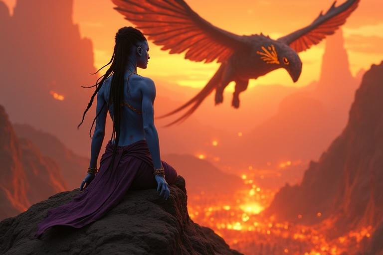 Kaari surveys the Fire Clan gathering from the back of a Toruk. Red-skinned Avatars with glowing stripes surround a stone fire altar. Fiery flames rise into the ash-filled dawn. Kaari's blue skin glows against the red terrain. Braided hair trails behind her. The massive Toruk soars with its vibrant wings. The sky is aglow with ash and orange light.