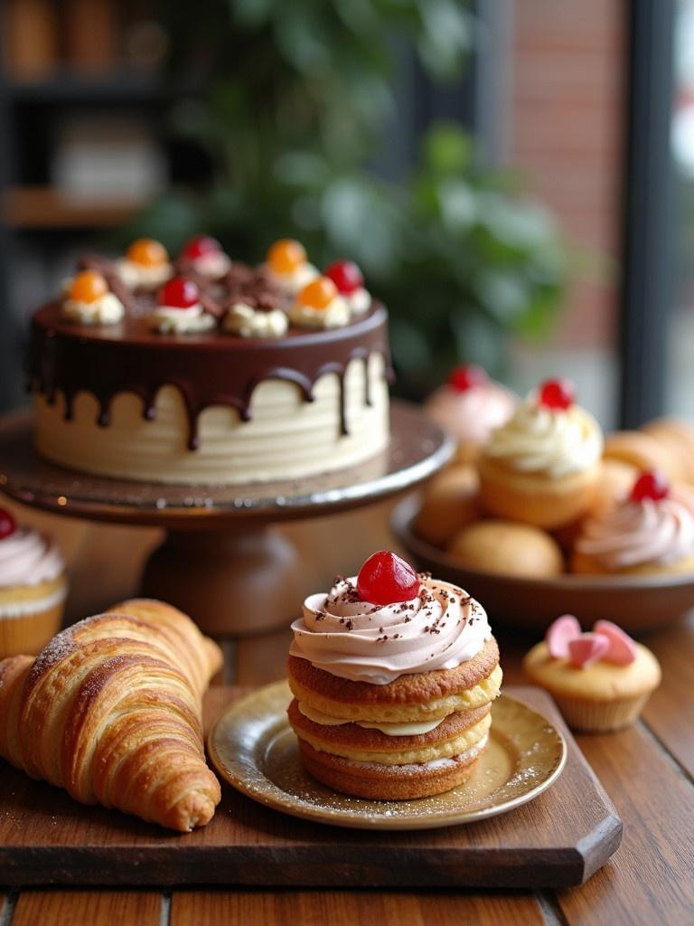 High-quality product photograph of a bakery's finest treats. Includes layered cakes, decorated cupcakes, and freshly baked pastries. Rich chocolate cake with smooth frosting. Cupcakes with colorful toppings. Flaky croissants on a wooden table. Soft natural lighting creates a warm atmosphere. Background is blurred, hinting at a cozy bakery setting. Composition emphasizes texture, color, and detail.