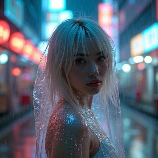 A young woman with silver blonde hair and alabaster skin stands in a rain-soaked cyberpunk city. She is partially covered in transparent plastic wrap. The city is lit by vibrant neon lights. The scene is influenced by Japanese aesthetics. The lighting is cinematic and photorealistic.