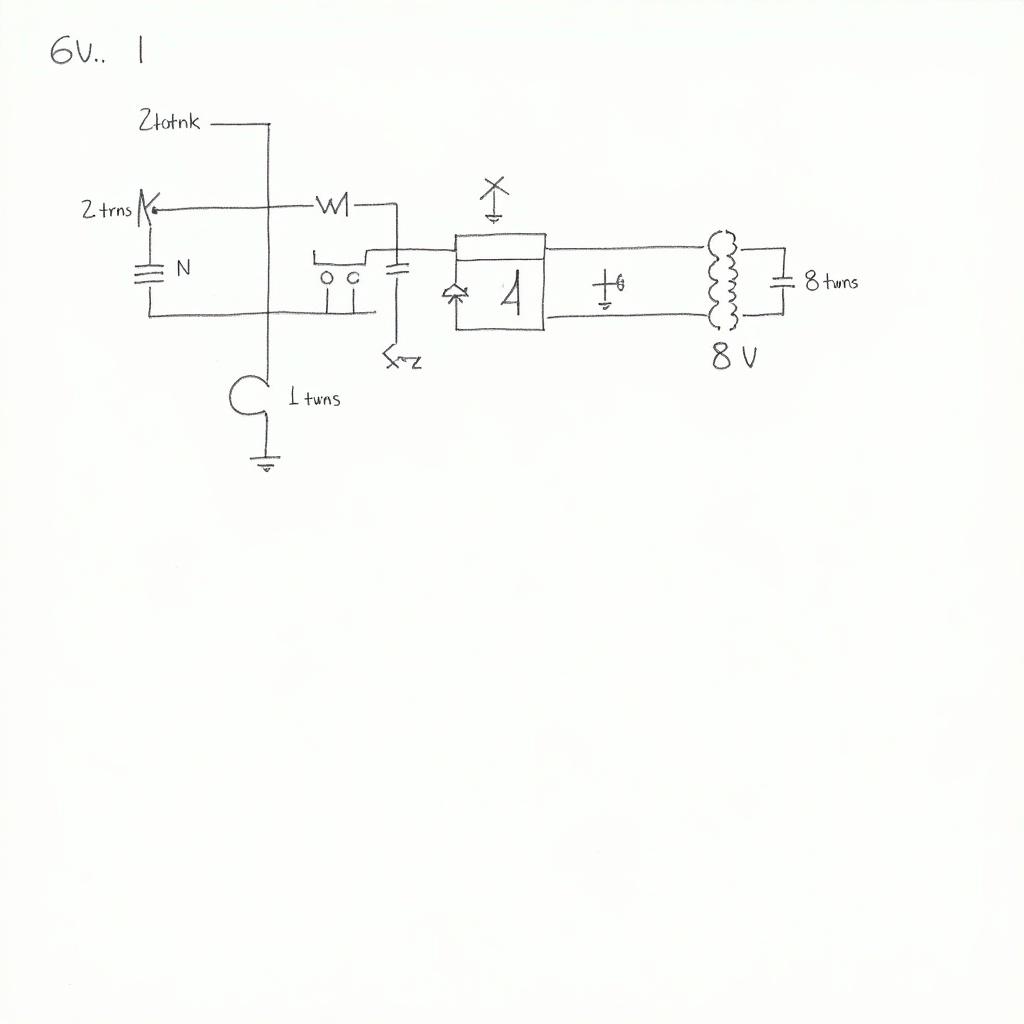 This image shows a basic circuit layout for converting 6V to 8V using a toroidal transformer. It includes a primary winding with 2 turns and a secondary winding with 8 turns. The circuit illustrates the connections for the transformer, a capacitor, and other components necessary for the voltage increase. Ensure that the connections are correctly made to achieve the desired voltage output. This setup can be used for various electronics projects. Use any components that fit your overall design needs.