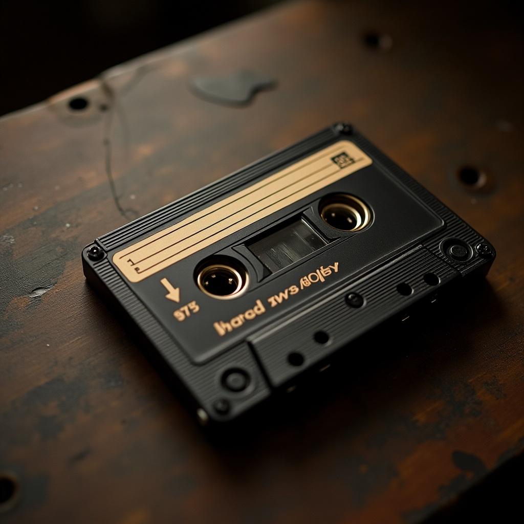 Cassette tape from 1975 resting on a wooden surface. Made by Dolby, showing A side label. Emphasizes vintage music aesthetics.