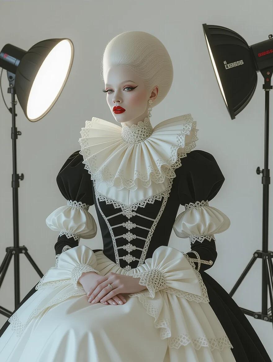 Albino alien female model with pale skin. Dressed in haute couture dress inspired by 17th-century Dutch fashion. Features a ruff and white heels. Set in a photo studio with softbox lighting and Rembrandt technique. Taken with a Fujifilm X-H2 and 75mm lens.