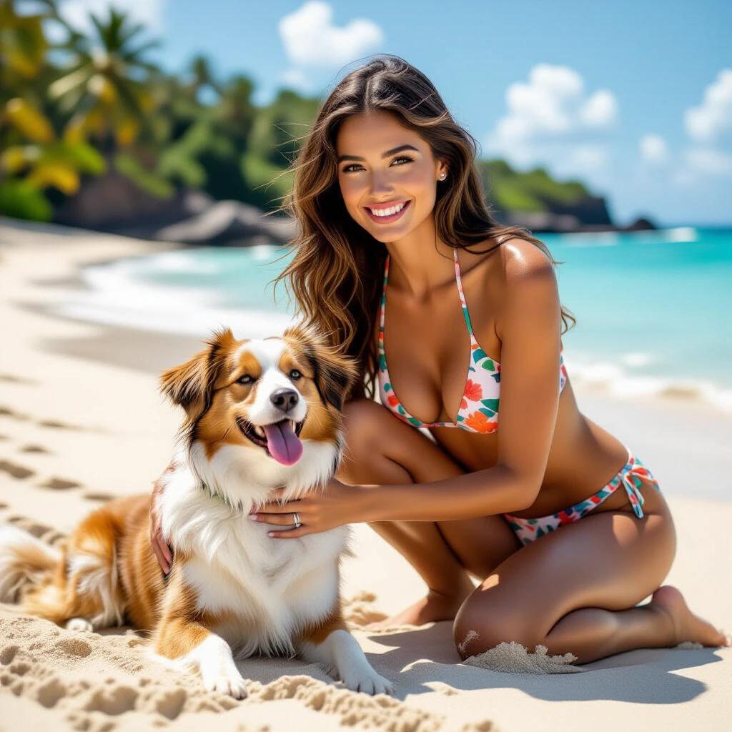 A super model wearing a bikini playing with her dog. The scene captures a beach setting with turquoise water and white sand. The model smiles brightly. Her dog is playful and happy. The environment is sunny with palm trees in the background.