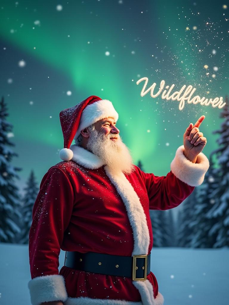 Santa Claus in a classic red suit stands joyfully. He points upwards while writing 'Wildflower' in the sky. Snowflakes fall softly around him. Magical northern lights create a charming backdrop. This scene embodies Christmas spirit and holiday joy.