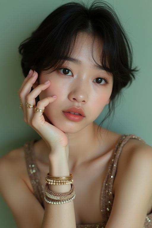 Close-up portrait of a young adult with light skin tone and East Asian features. Short dark hair styled sleek and slightly tousled. Wearing a sleeveless shimmery light brown top. Gold rings on fingers and layered light brown and cream bracelets on wrist. Thoughtful expression with gentle downturn of mouth and downcast eyes. Soft makeup with subtle eyeshadow and highlighter. Soft diffused lighting creating a glow on the skin. Background is light sage green wall. Camera angle slightly low and towards the subject's face. Composition centered on subject with focus on emotional expression. Overall mood is serene and contemplative with a melancholic yet soft atmosphere. Skin texture is smooth and top has slight sparkle. Natural light creates soft illumination.