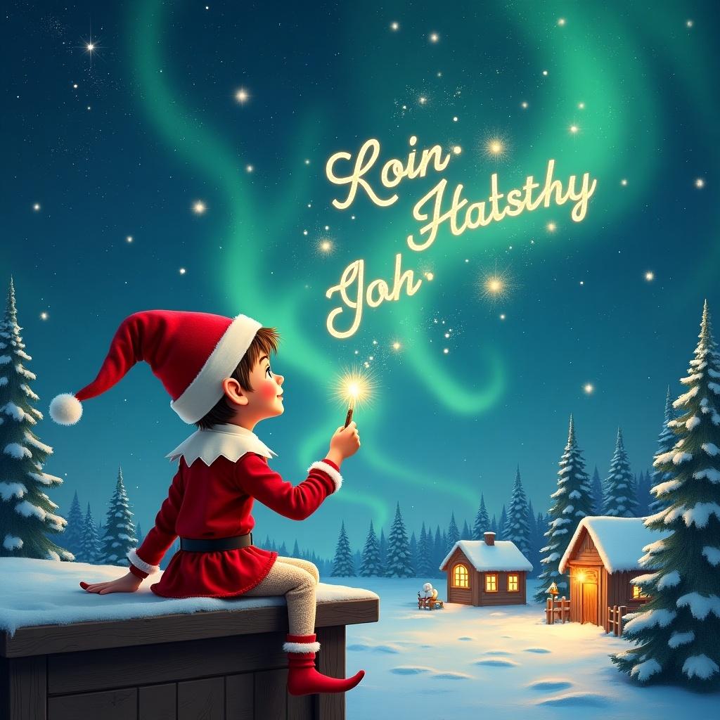 An elf sits on a wooden ledge, looking up at a magical sky. The elf is dressed in a festive red outfit with a pointed hat. Holding a sparkling wand, the elf writes the name 'Lewis Jon Jadan Hartley' in starry letters above. A snowy landscape surrounds cozy little houses and evergreen trees. The sky is illuminated by shimmering Northern Lights, enhancing the enchanting scene. The elf adds the names 'Natasha' and 'Ada' to the skies, amplifying the charm of this whimsical holiday setting.