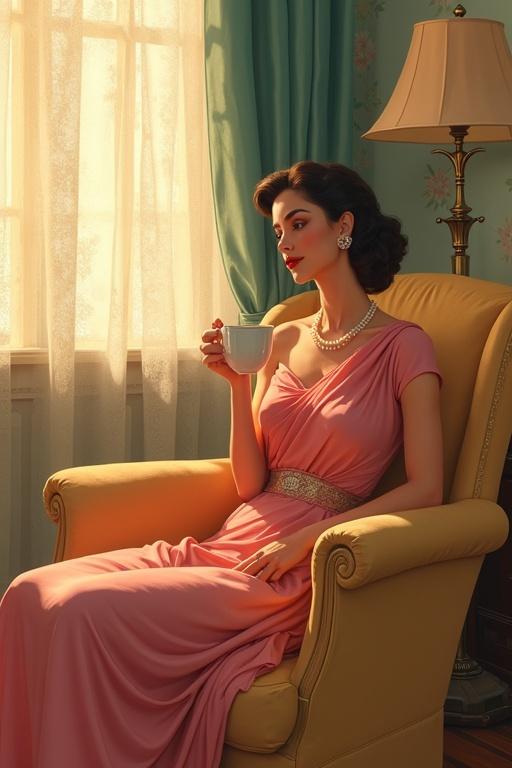 1950s-style woman sitting gracefully in plush vintage armchair wearing saree with cinched waist pearl necklace and elegant curled hair holds cup of tea delicately exuding warmth and sophistication cozy mid-century living room soft pastel tones retro lamp floral wallpaper warm sunlight through lace curtains