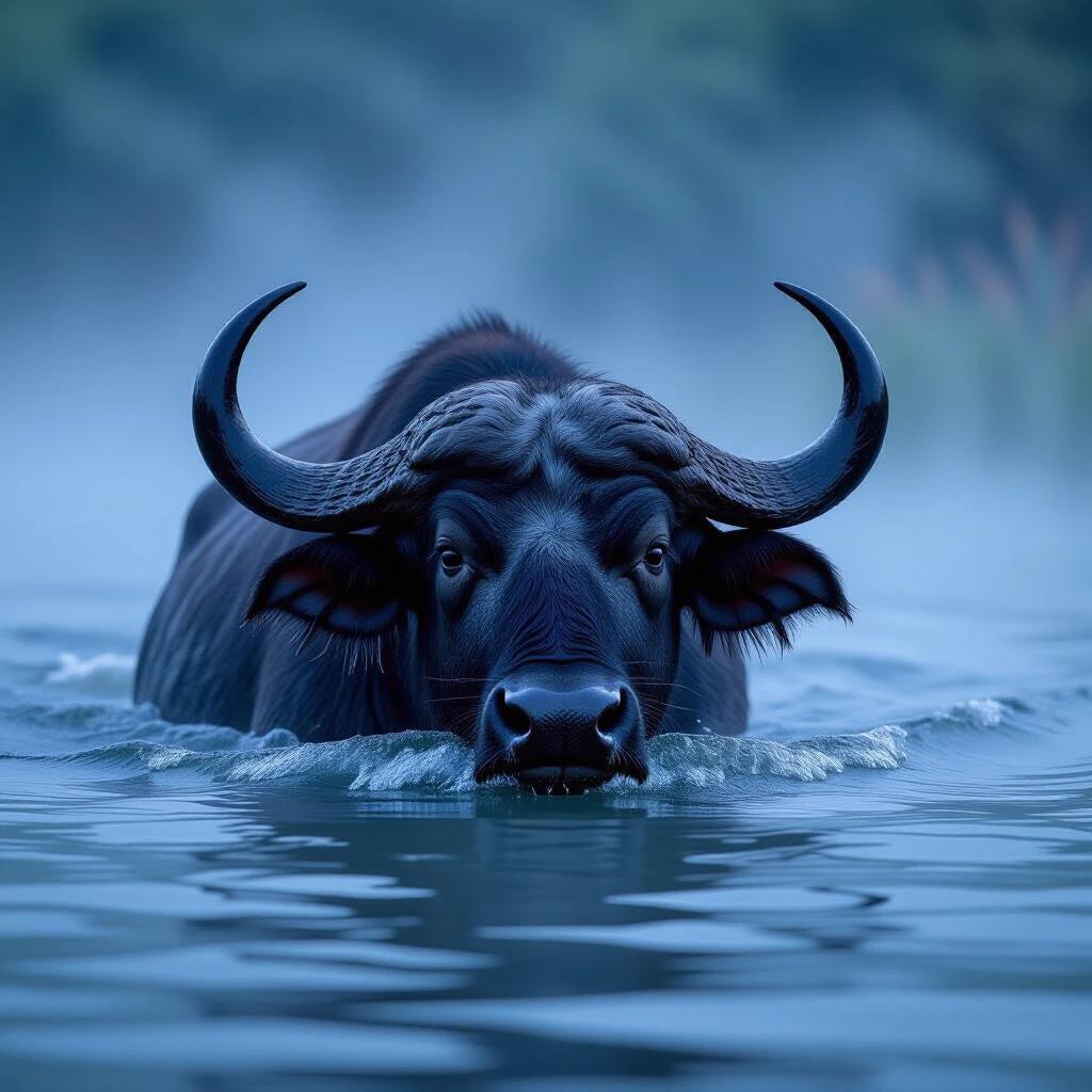 Close-up of a wild water buffalo swimming in foggy evening water. Evocative image captures deep colors and tranquility in wildlife. Professional photograph showcases the buffalo's striking features in dazzling clarity.