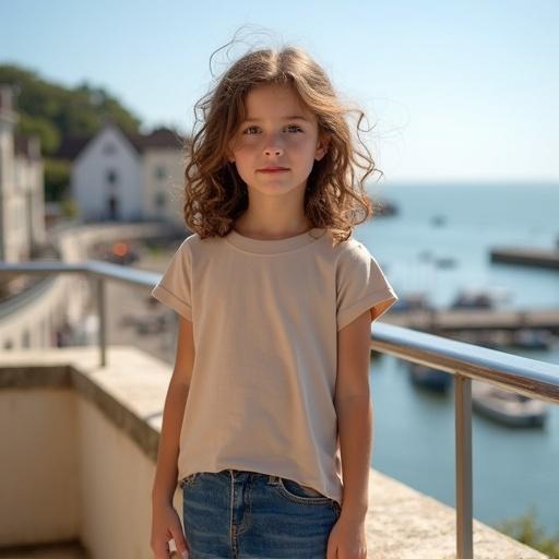 Young girl wearing a large natural-colored T-shirt, blue jeans and sneakers stands on a balcony. Her brown hair is tousled with curls. She looks very enamored to the viewer. Background shows a sunny harbor in Normandy. The scene is peaceful and quiet.