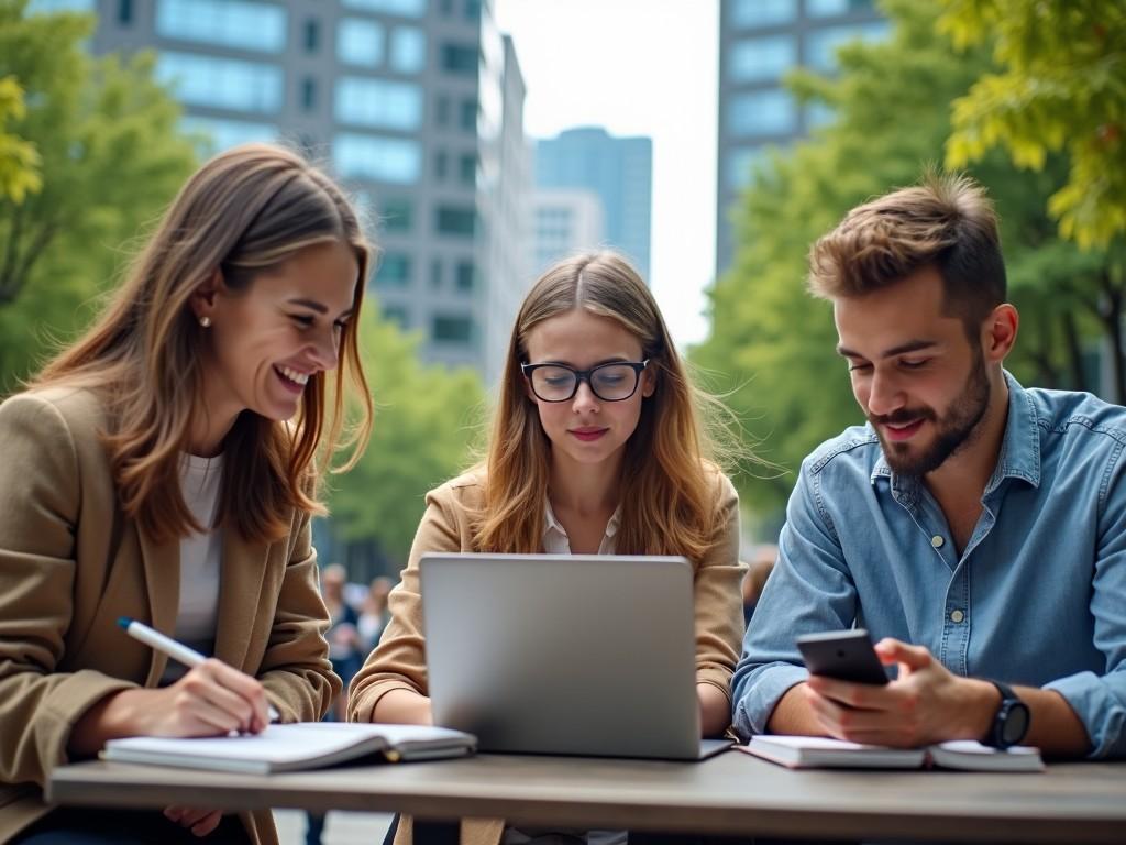 The image depicts three students studying outdoors in a modern city setting. They are using digital technologies like a laptop and smartphones to assist with their studies. The students appear engaged and focused, demonstrating a collaborative learning atmosphere. The backdrop consists of urban buildings and greenery, enhancing the modern vibe. This scene reflects the lifestyle of affluent students integrating technology into their education.